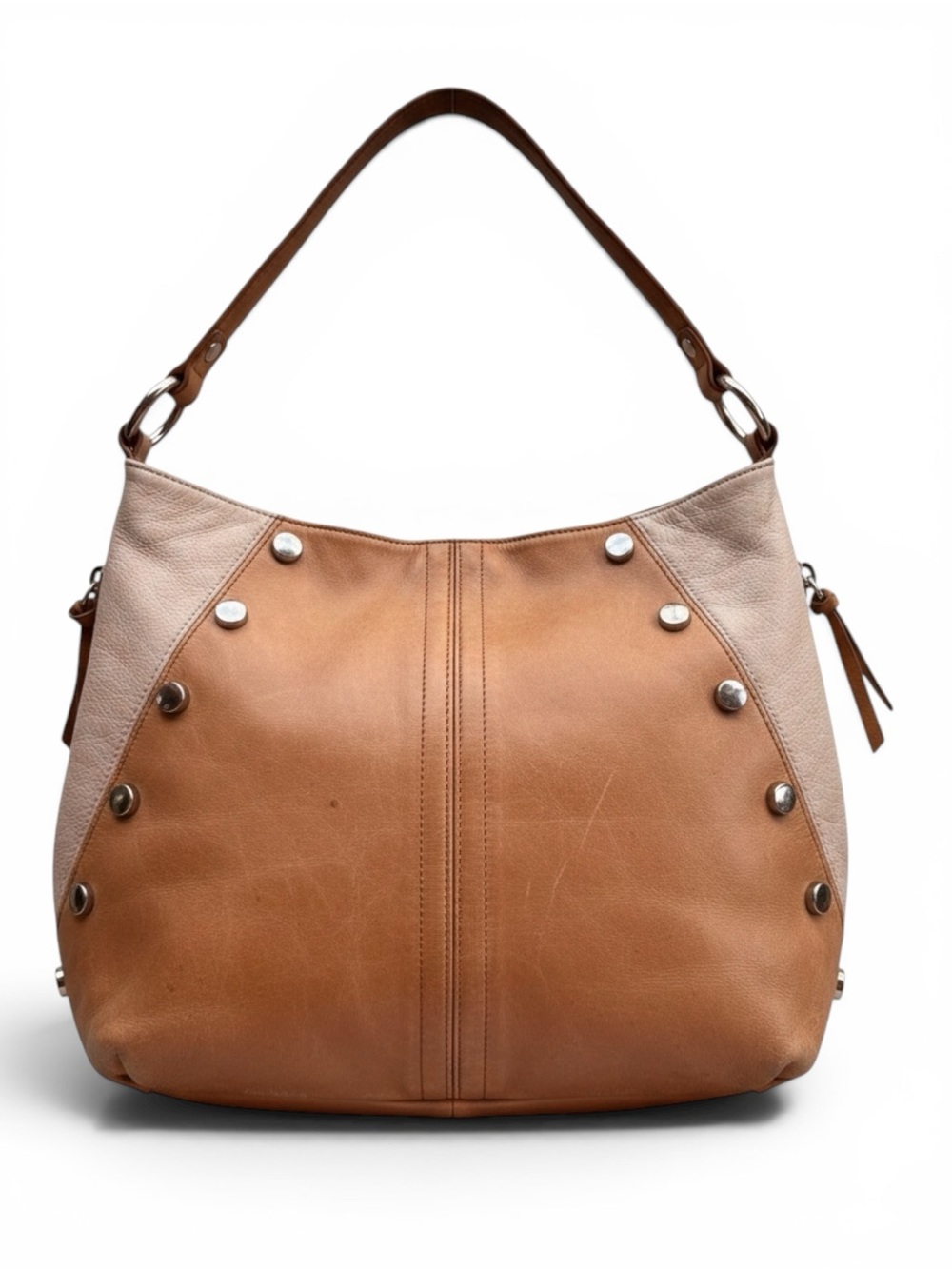 B. Makowsky Studded Leather Hobo Shoulder Bag Two Tone Tan Beige Slouchy